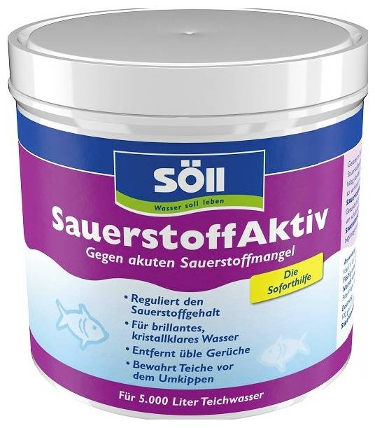 Az "Söll SauerstoffAktiv" tókezelő anyag tárolóedénye, amely akut oxigénhiány elleni vészhelyzeti segítségként van felcímkézve 5000 liter tóvíz mennyiségéhez.