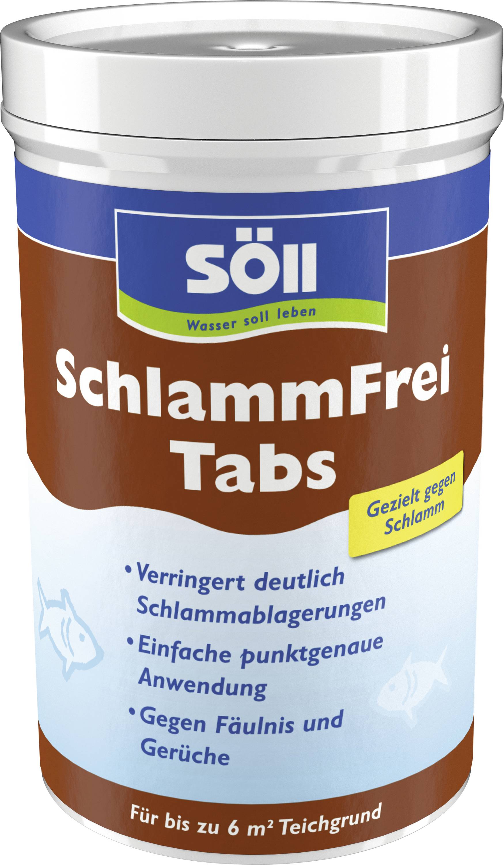 A „söll SchlammFrei Tabs" tavakhoz való kezelő tabletta tárolóedénye, amely a szennyeződés-felhalmozódás csökkentésére, könnyű pontszerű alkalmazásra, valamint a rothadás és szagok ellen szolgál.