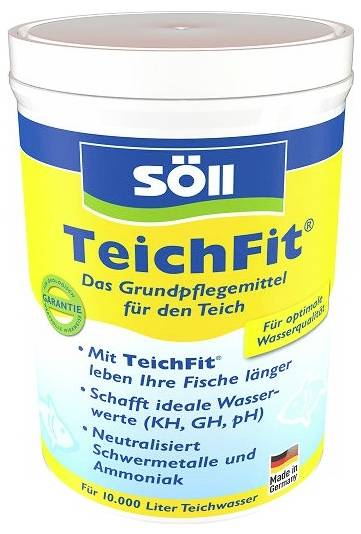 Söll TeichFit tóápolási vödör címkéje, amely ideális vízértékeket, semlegesített nehézfémeket és ammóniát ígér, akár 10 000 liter tóvíz kezeléséhez.