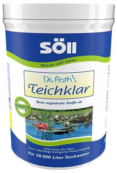 Söll 'Dr. Roth's Teichklar' tóvíztisztító szer tárolóedénye, 20 000 literre jelölt és szerves anyagok csökkentésére szolgál.