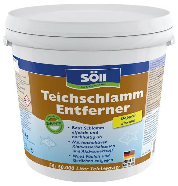 Söll 'Teichschlamm Entferner' tóiszap-eltávolító fehér vödre, amely akár 50 000 liter tóvíz kezelésére is alkalmas.