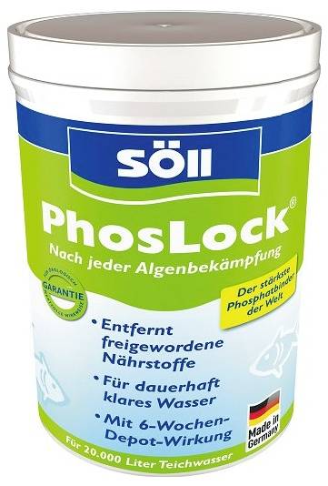 # Söll PhosLock tófertőtlenítő tartály<br><br>"Minden algairtás után" és "Tartósan tiszta vízért" felirattal ellátott termék német zászlóval és "Made in Germany" jelöléssel.