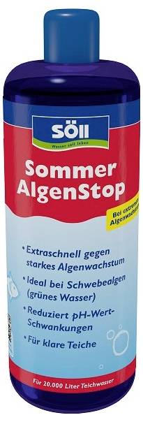 Az "söll Sommer AlgenStop" tókezelő szere - gyors algaellenőrzésre, a pH-ingadozások stabilizálására és a víz tisztaságának megőrzésére kifejlesztett termék.