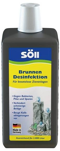 Söll Brunnen Desinfektion fertőtlenítőszer díszítő víztestekhez, német címkével és 2000 liter térfogatú adagolási javaslattal.