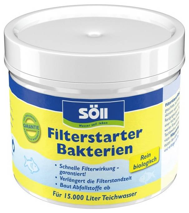 Söll 'Filterstarter Bakterien' tóvízkezelő készítmény konténere, 15 000 literhez jelölt és 'teljesen biológiai' (tisztán biológiai) felirattal.