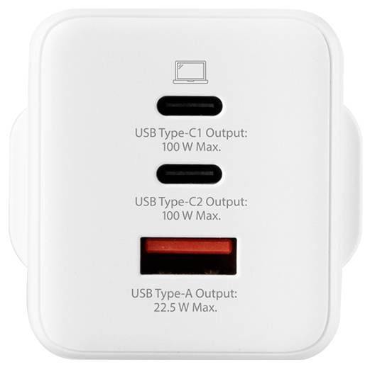 Fehér töltőadapter három porttal: két USB Type-C kimenet (maximálisan 100W egyen ként) és egy USB Type-A kimenet (maximálisan 22,5W).