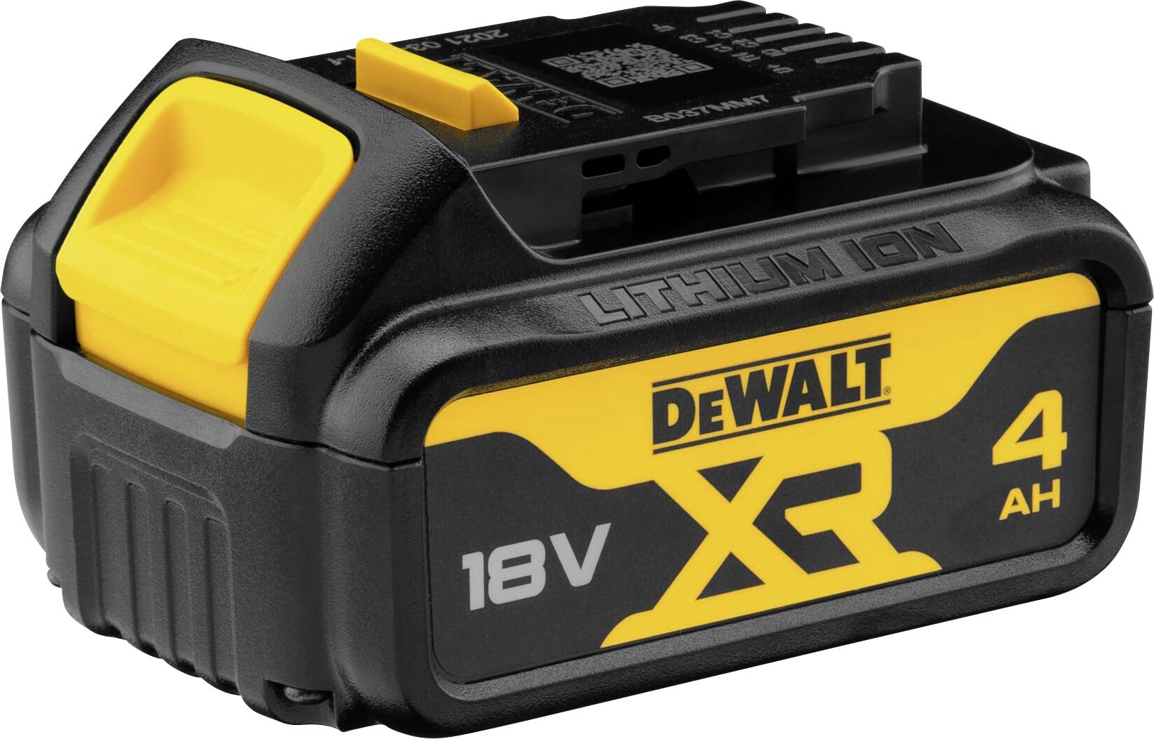 Dewalt XR 18V 4Ah lítium-ion akkumulátor, fekete és sárga, elektromos kéziszerszámokhoz tervezve.