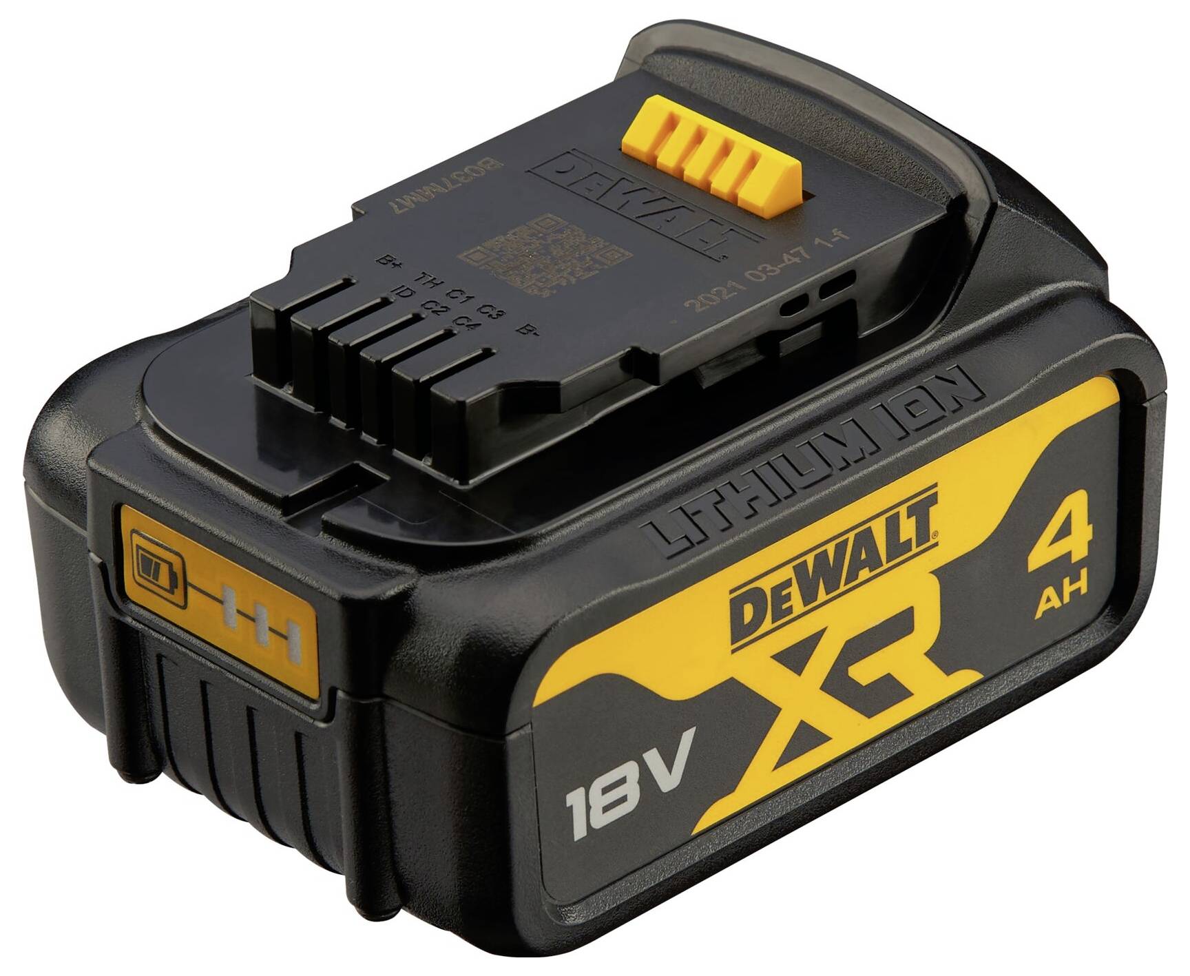 Egy fekete és sárga DeWalt 18V XR lítium-ion akkumulátor 4Ah kapacitással, elektromos szerszámokhoz tervezve.
