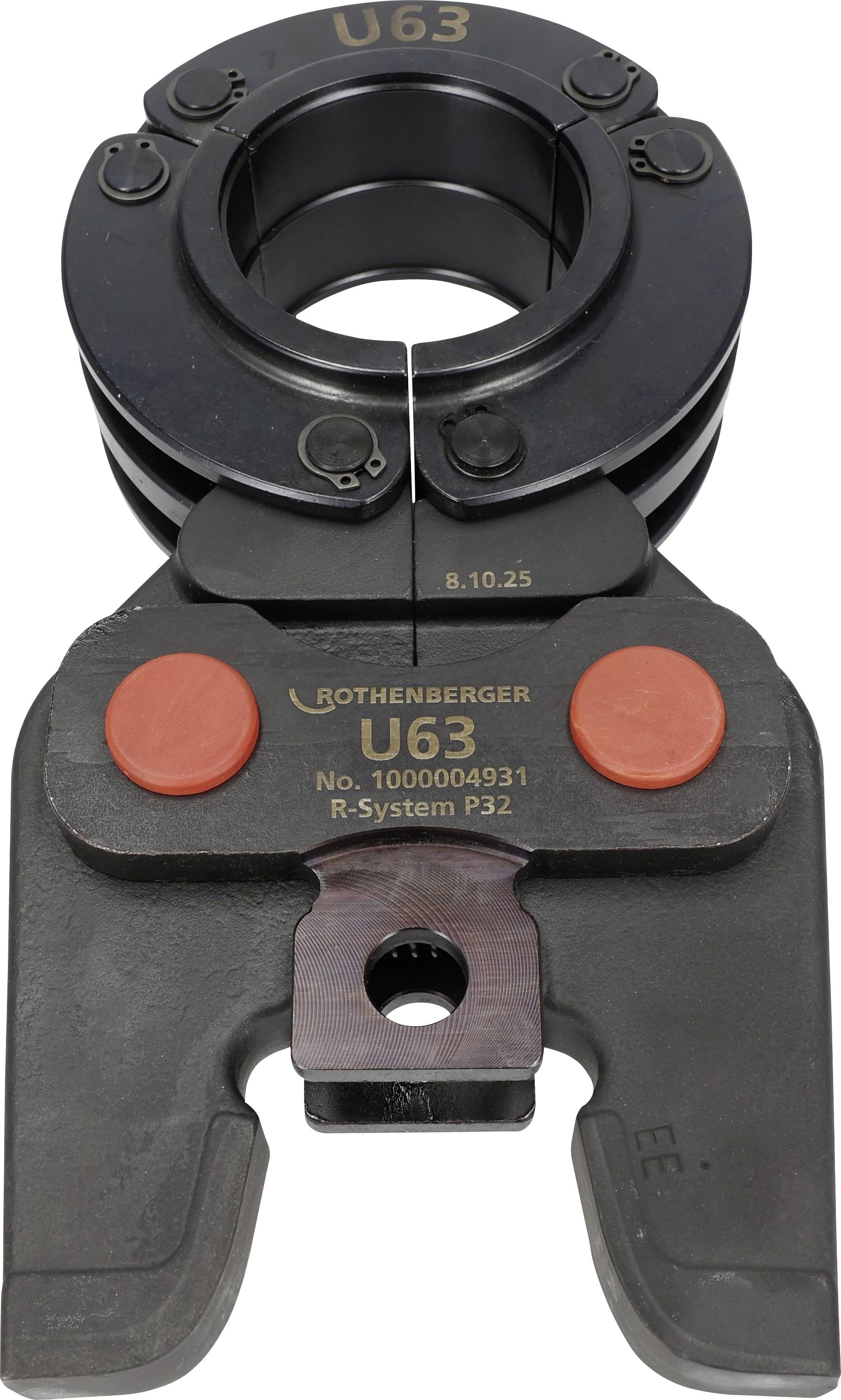 „Rothenberger U63 R-System P32 csőnyomó pofaszerszám" szerelvények sajtolásához, fekete fém piros alkatrészekkel, „8.10.25" jelöléssel.