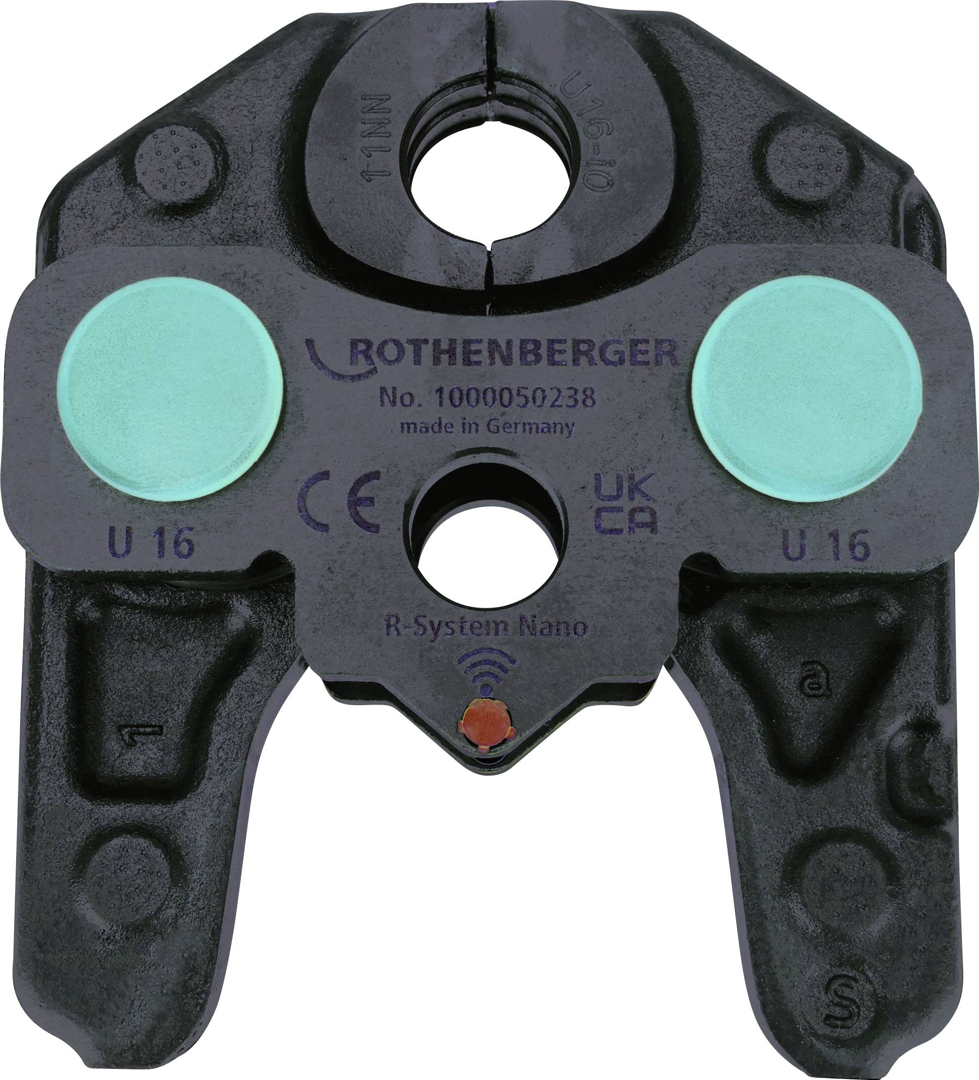 Fekete Rothenberger U16 fémes csőprés szerszám, "R-System Nano" felirattal, két türkizkék kerek párnával.