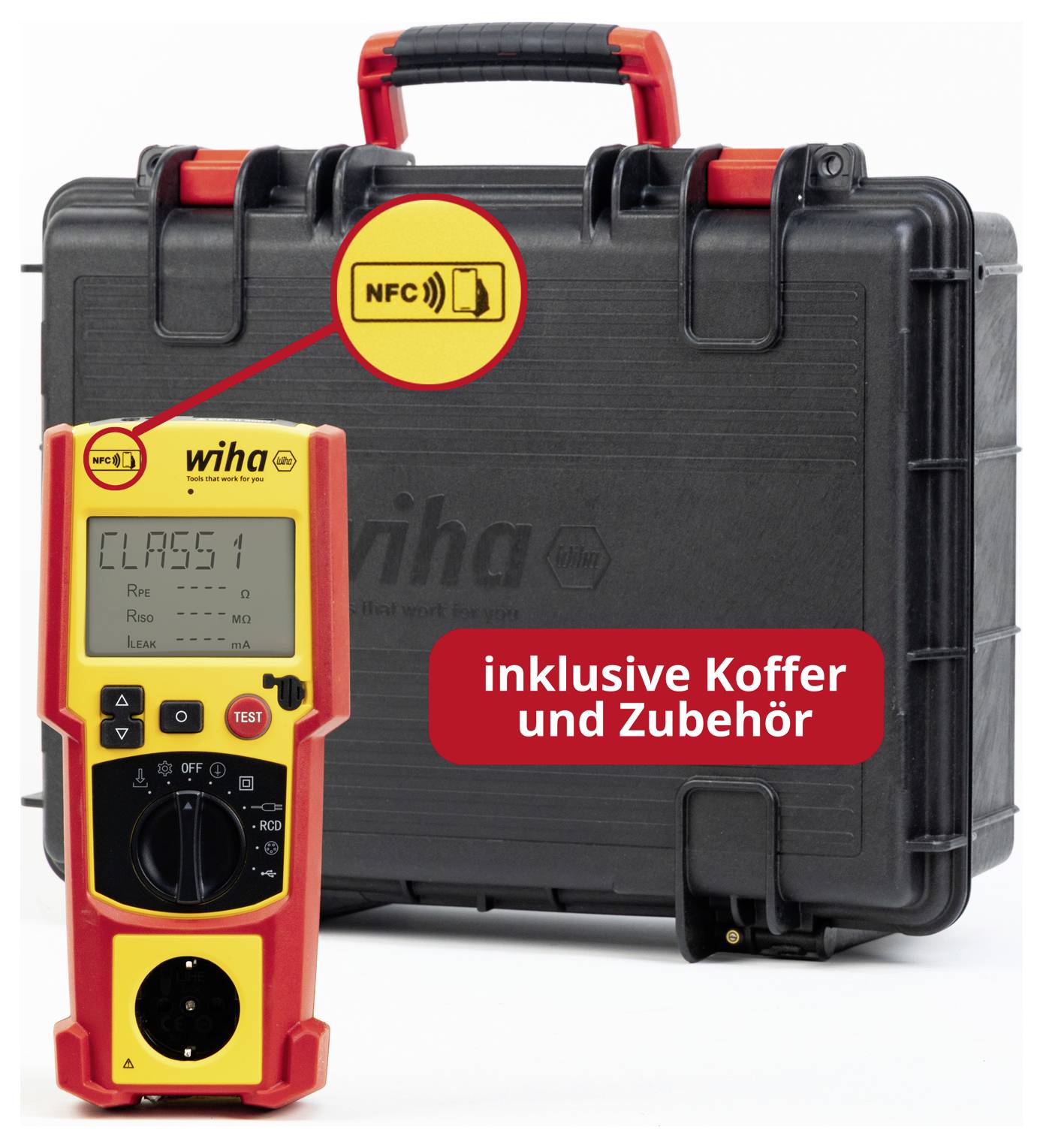 Wiha-vizsgálóeszköz fekete kofferre; felirat: "koffer és kiegészítők inclusive" és NFC-szimbólum.