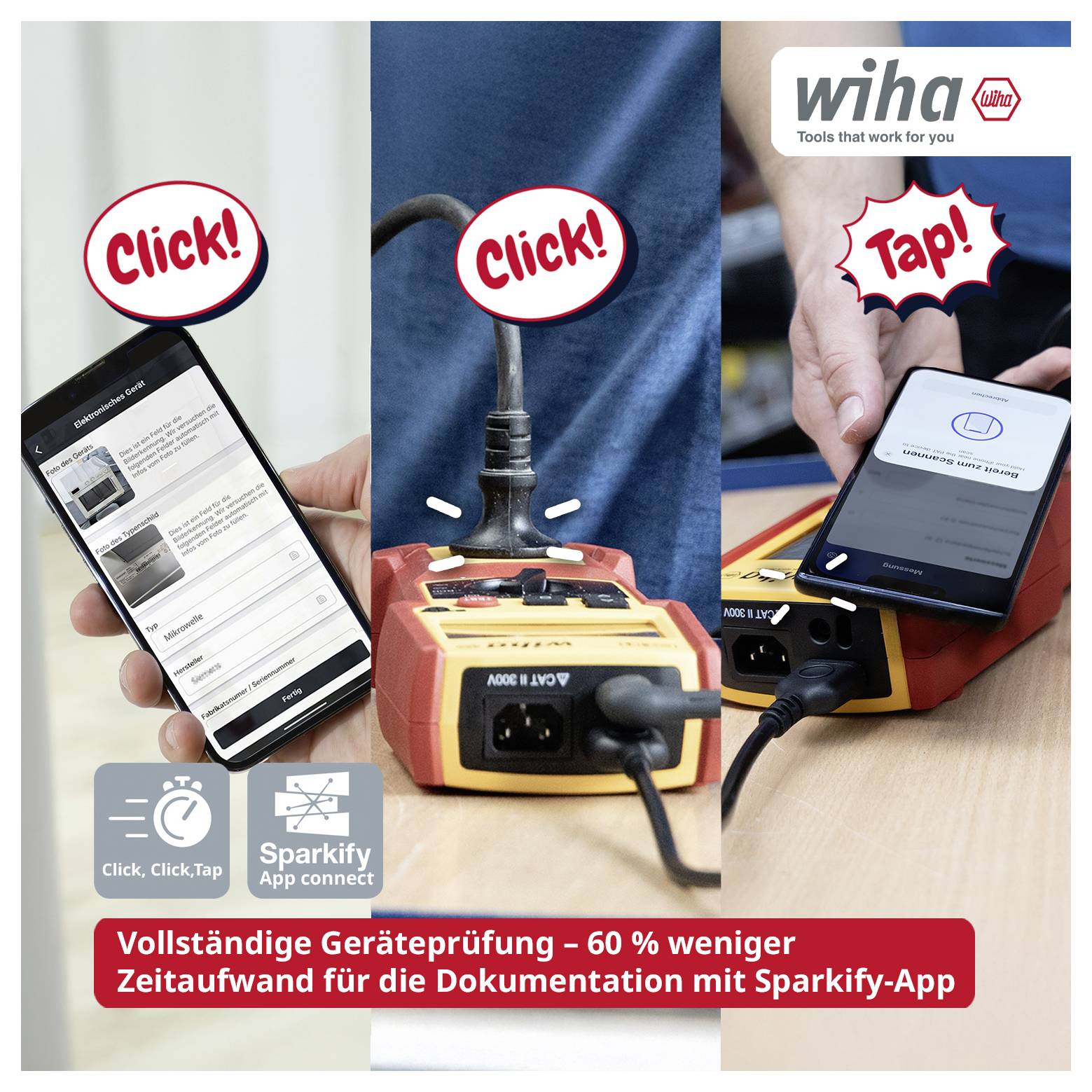 Reklámgrafika három mobiltelefon-jelenettel: „Click!" a szkennelésnél, „Click!" a vizsgáló eszköznél és „Tap!" az alkalmazás megerősítésénél; Sparkiy-alkalmazás az eszközfelméréshez.