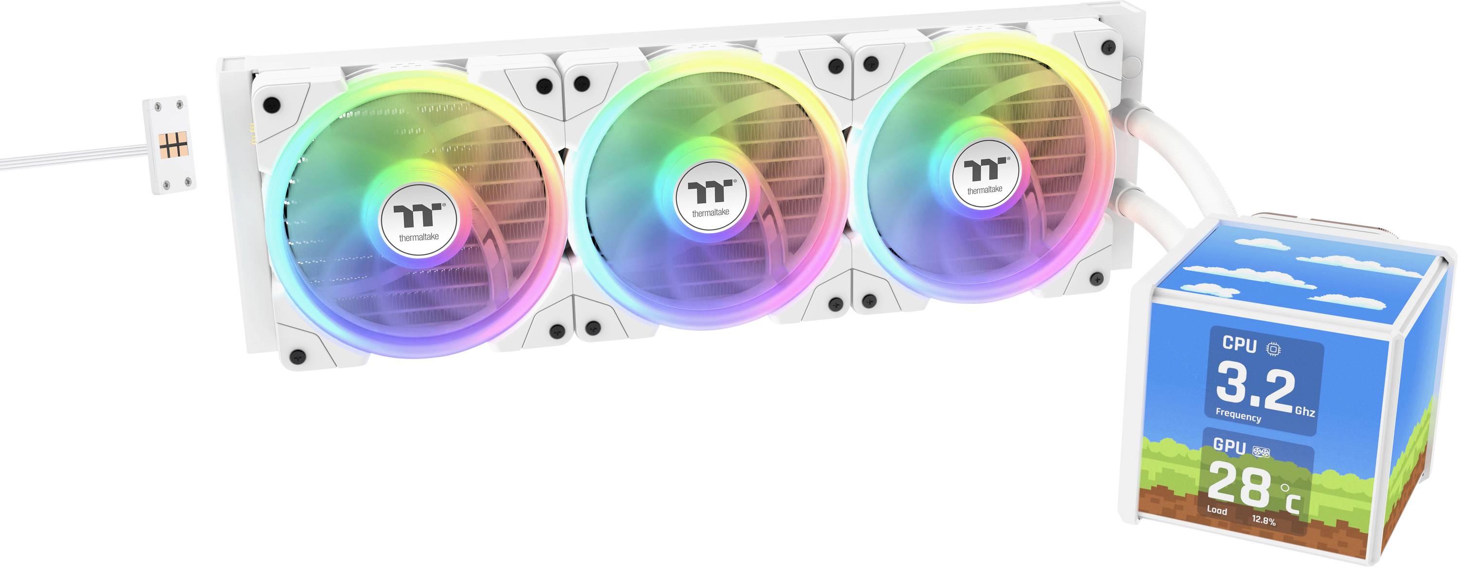 Három számítógéphűtő ventilátor RGB LED-ekkel van horizontálisan egymás mellett egy digitális kijelző mellett, amely a „CPU 3.2", „GPU 28°C" értékeket mutatja.