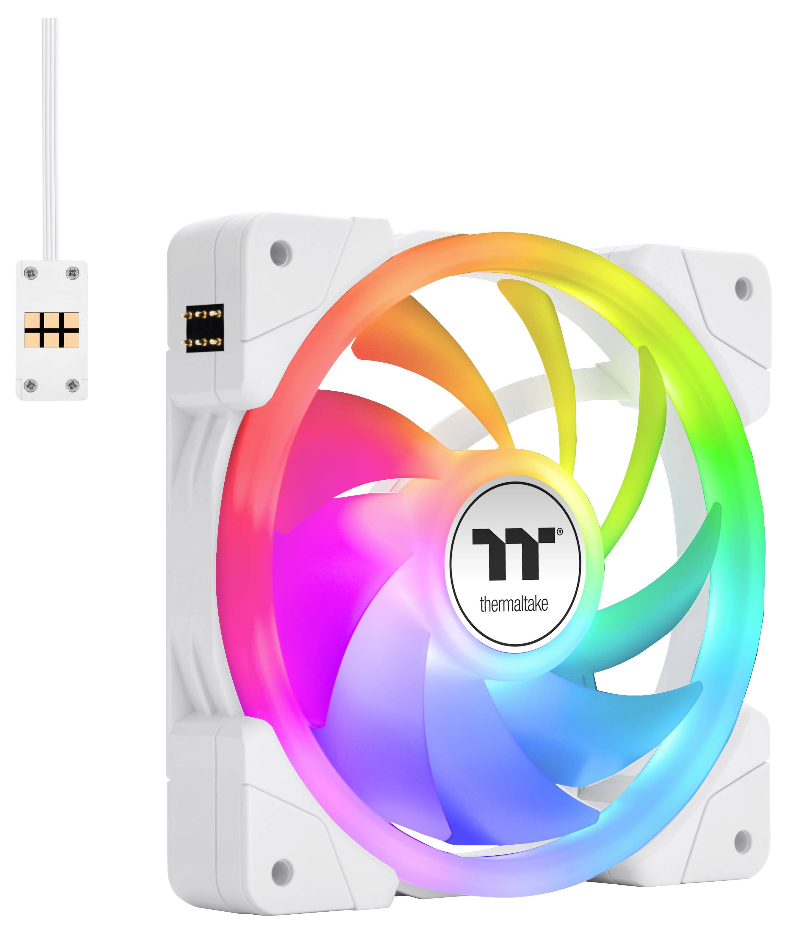 Egy számítógép-hűtő ventilátor szivárvány LED-fényekkel, amely a középpontban a Thermaltake logót mutatja. Egy kis vezérlőegység tartozik hozzá.