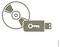 A CD és egy USB-meghajtó ikonja egy kulcssszimbólummal, amely digitális tárolást vagy szoftvertelepítést jelöl.