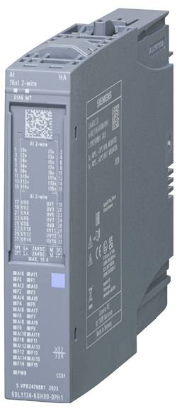# Egy Siemens szürke ipari automatizálási modul közeli nézete, modelljelzéssel, több csatornával és 16xAI 2-vezetékes rendszerek indikátoraival.