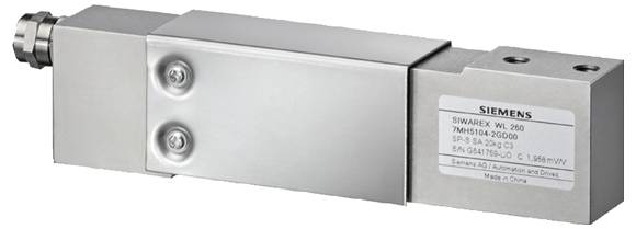 Egy fém Siemens terhelési cella szenzor kábellel csatlakoztatva, amely súly vagy erő mérésére szolgál az ipari alkalmazásokban.