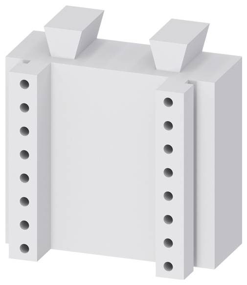 Egy fehér, téglalap alakú 3D tárgy, mindkét oldalán két függőleges oszloppal, amelyek mindegyike négy kör alakú lyukkal rendelkezik. A tetején két négyzet alakú kiálló rész található.