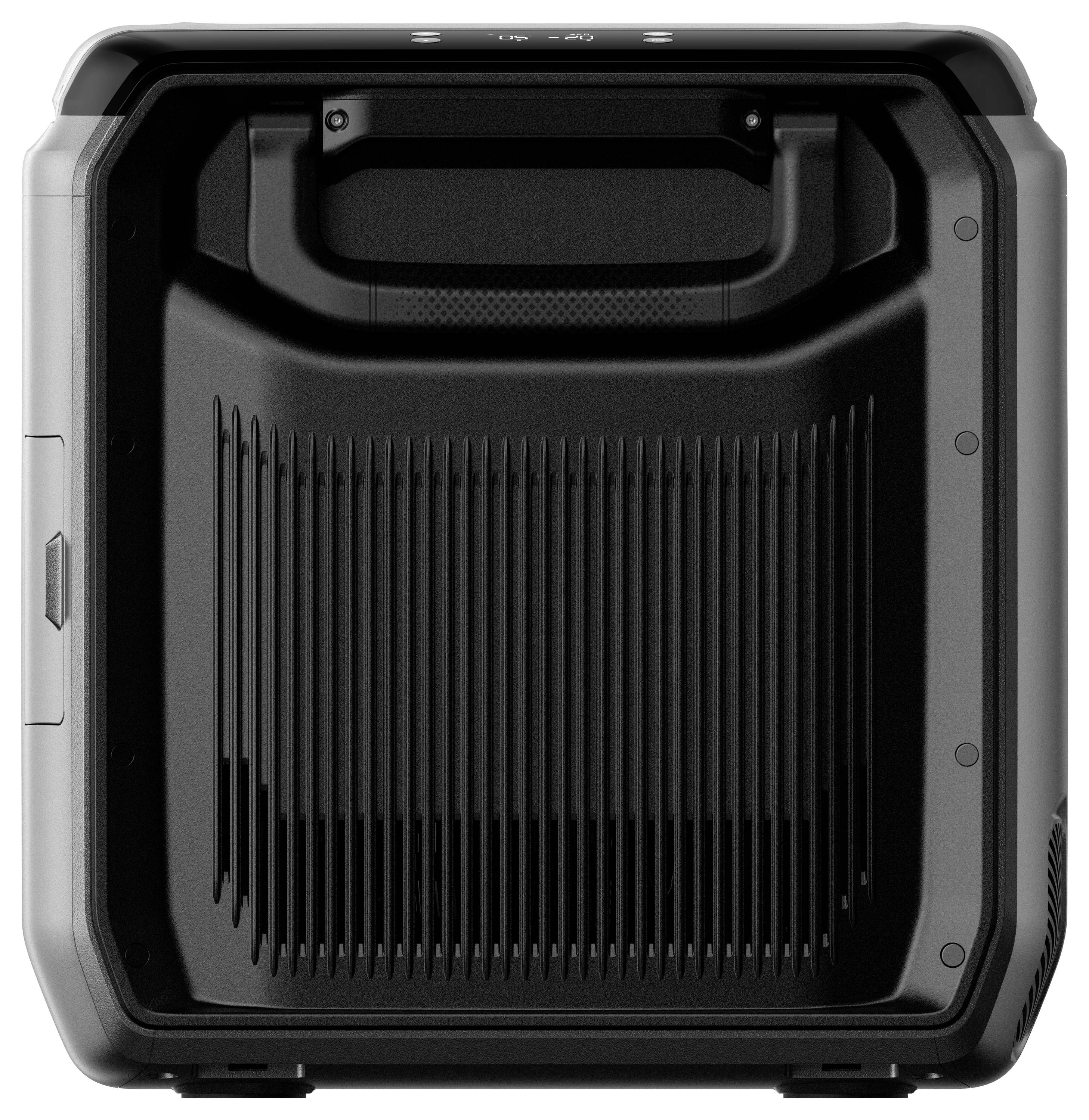 Egy fekete, szilárd, védőtok felülnézete fogantyúval, érzékeny berendezések szállítására tervezett. Bordázott felülettel rendelkezik.