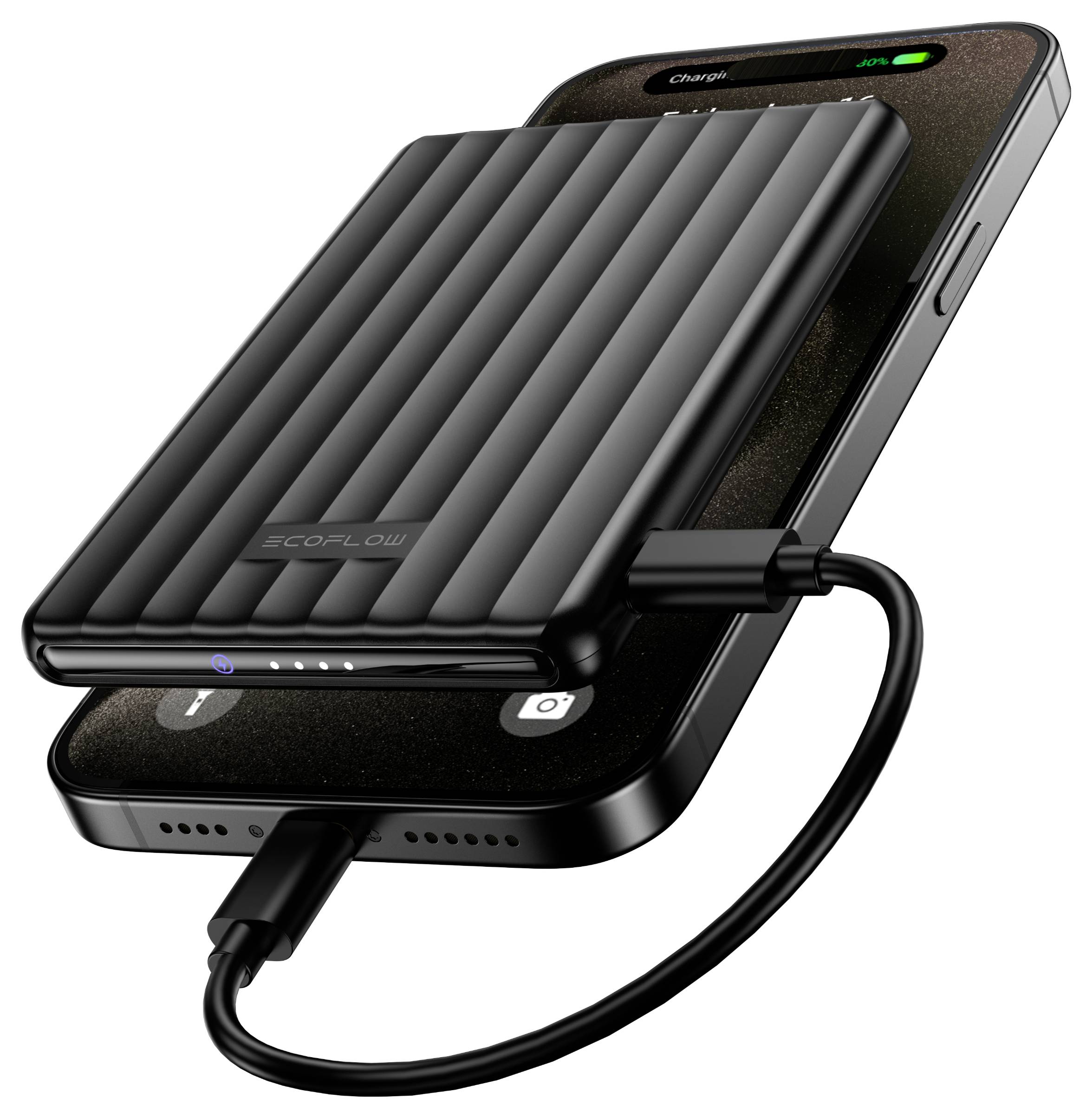 „Egy hordozható töltő egy okostelefonhoz csatlakoztatva, zöld akkumulátor ikon mutat a töltést."