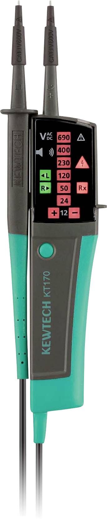 Feszültségmérő két szondával és LED-kijelzővel, amely különböző feszültségszinteket jelenít meg (690, 400, 230, 120, 50, 24) és LED-ek, amelyek az AC/DC állapotot jelzik.