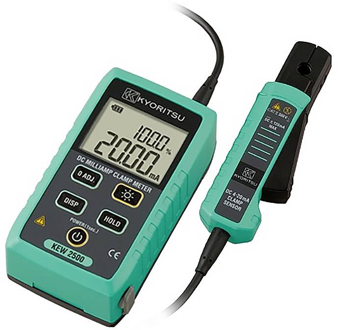 Egy digitális csipesz-ampermérő, amely a kijelzőjén "20.00 mA" értéket mutat, elektromos áram mérésére tervezett eszköz. Az eszköz egy kábelhurrokhoz van csatlakoztatva.