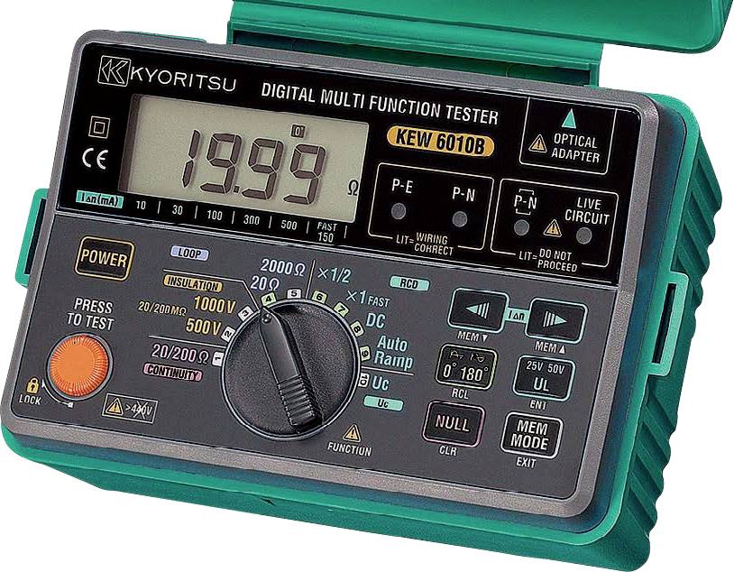 Egy zöld digitális multiméter, amely a kijelzőn a "19.99" értéket mutatja, különféle funkciógombokkal és tárcsákkal a feszültség, áramerősség és ellenállás méréshez.