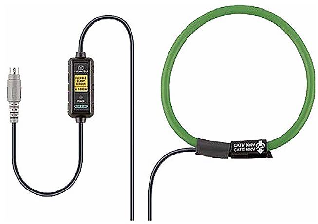 Egy zöld elektromos bilincs és fekete energiamérő, amelyeket egy kábel köt össze, az áramméréshez használt vezetékekben, „CAT IV 600V" felirattal.