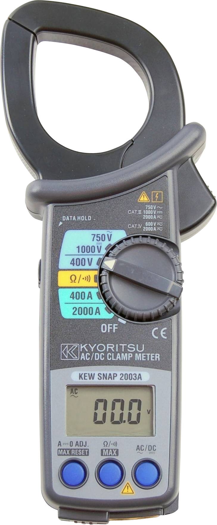 Egy digitális kapocsmérő '00.0' értéket jelenít meg a kijelzőn, amely AC/DC feszültség és áram mérésére szolgál. Fekete és kék színű, számlálólapokkal és gombokkal.