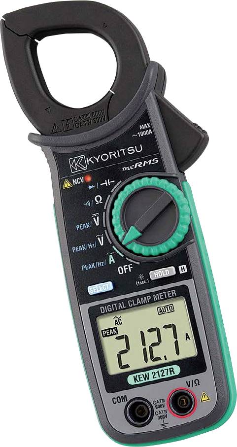 Egy digitális lakatfogó multimeter, amely a kijelzőjén „212.7" értéket mutat, elektromos áram és feszültség mérésére használt eszköz, feliratozott gombokkal és funkciókkal.