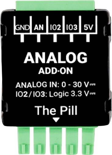 A "Pill" analóg kiegészítő modul GND, AN, IO2, IO3, 5V tüskecsatlakozásokkal részletesen, támogatja a 0-30V analóg bemenetet és 3,3V logikai szinteket.