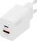 Fehér USB falitöltő két porttal: egy USB-C port „USB-C 20W" felirattal és egy USB-A port „USB-A 18W" felirattal, európai dugóval ellátva.