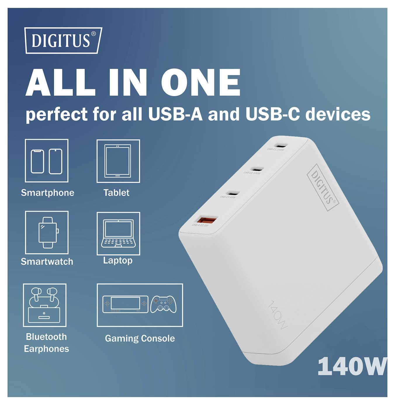 Fehér töltőblokk 'Digitus' logóval, 140W. A szöveg így szól: „Mindegradiós, tökéletes az összes USB-A és USB-C eszközhöz" az eszközökön elhelyezett ikonokkal.
