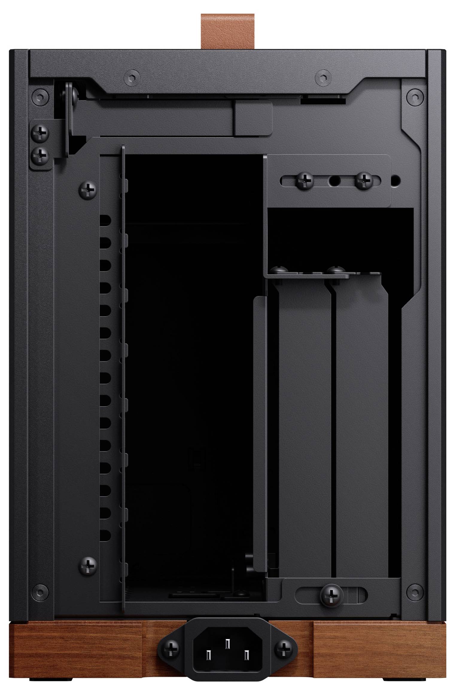 Egy minimalizmus stílusú PC ház faazonnosításokkal. Az elő panel nyitott, amely az alkatrészek belső helyeit mutatja.