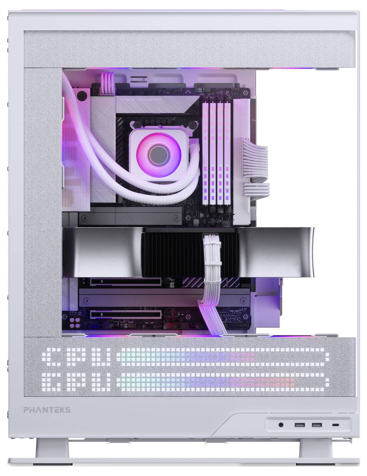 Fehér gaming számítógép-ház látható komponensekkel, RGB-világítással, hűtési ventillátorokkal, és a „Phanteks" márkanévvel az alján.