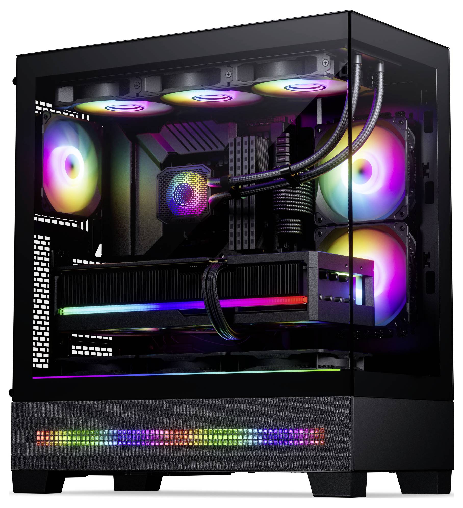 Egy gamer PC transzparens oldalpanellel, amely az RGB megvilágítást mutatja be a ventilátorokon és az alkatrészeken, hangsúlyozva a fejlett hűtést és az esztétikát.