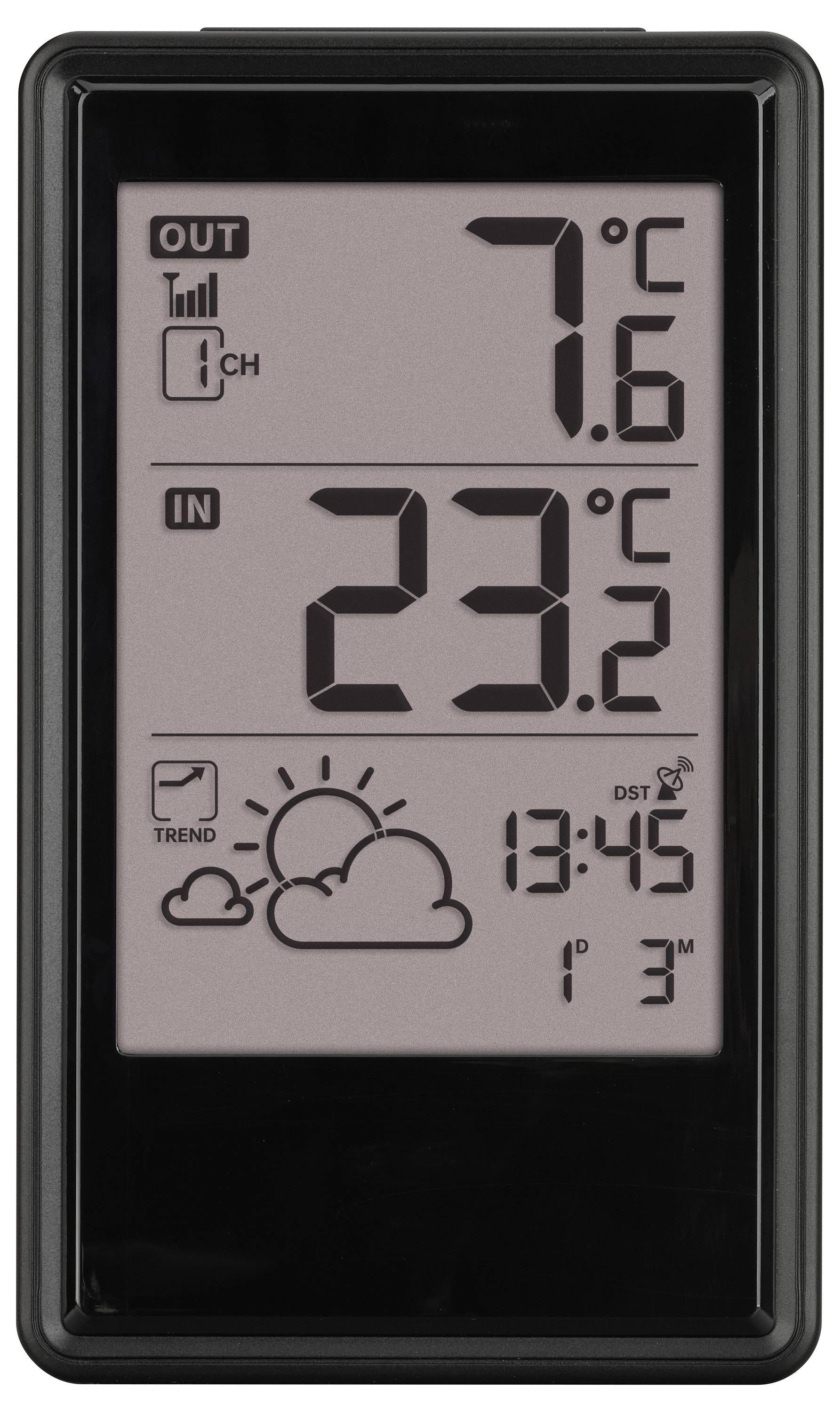 Digitális hőmérő kijelző, amely a szabadban 7,6°C-os hőmérsékletet és a szobában 23,2°C-os hőmérsékletet mutat, időjárás ikon és 13:45-ös időkijelzéssel.