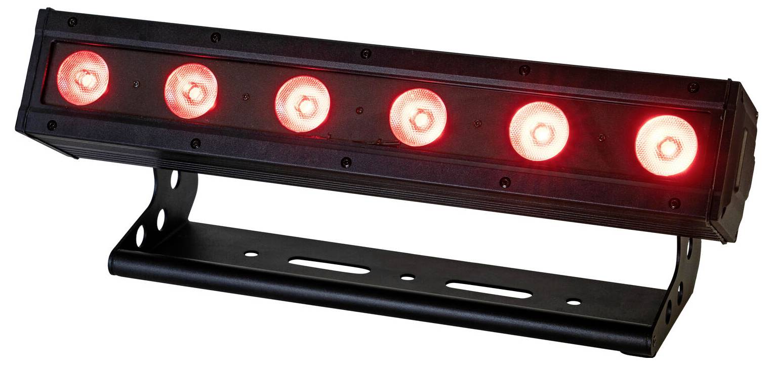 Hat vörös LED lámpa egy fekete rudOn felszerelve lábazattal, felfelé döntve, színpadvilágításhoz vagy dekorációhoz használva.