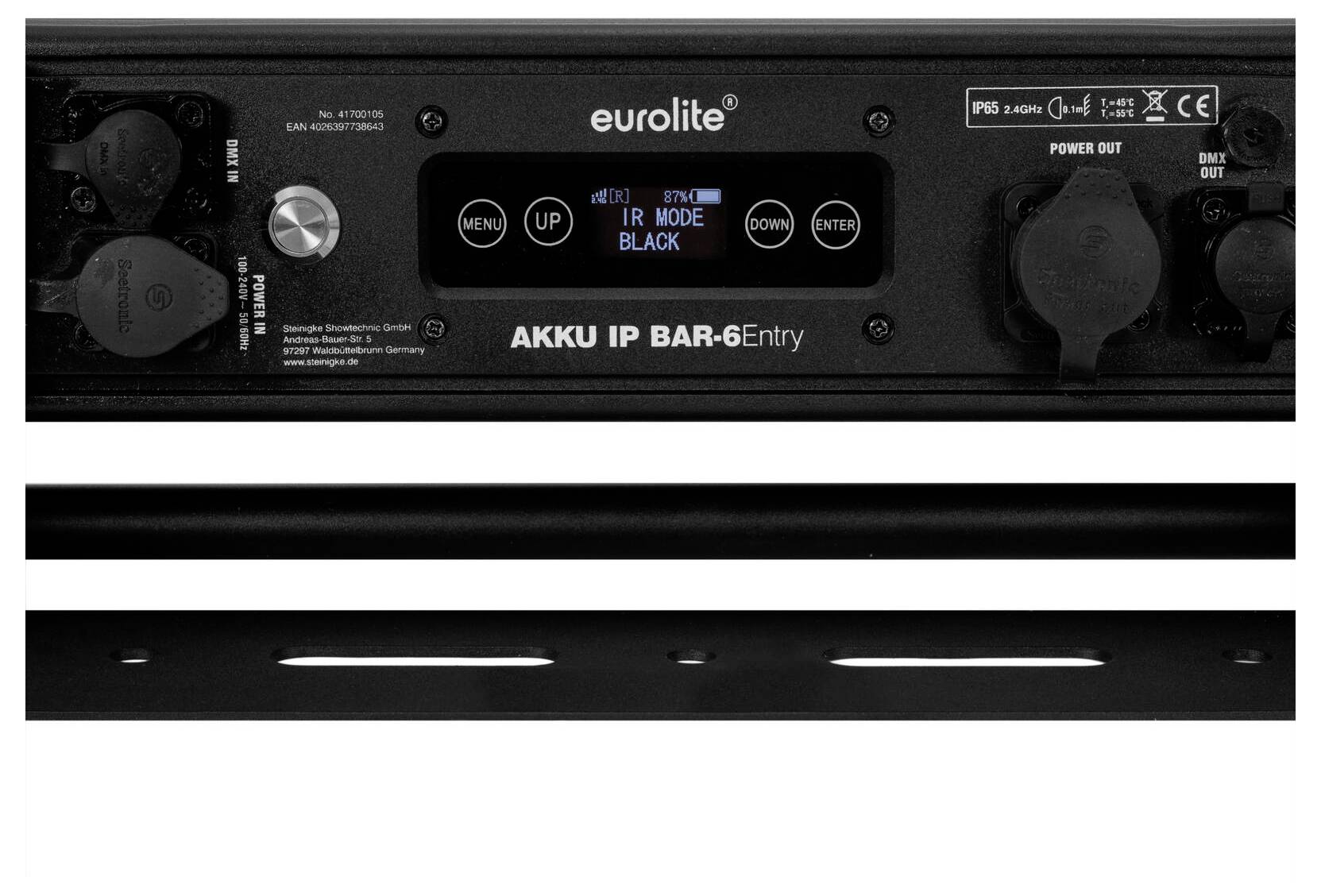 „Eurolite AKKU IP BAR-6 Entry" vezérlőpanel menünavigáció és beállítások gombjaival. Az oldalakon tápellátási és kimeneti csatlakozók láthatók.