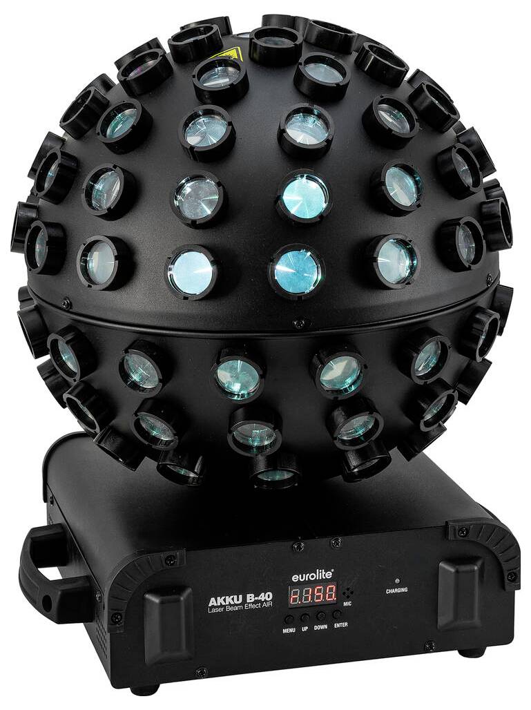 "Eurolite Akku B-40" LED-es féneffektus eszköz többszörös lencséket tartalmazó gömb alakú kialakítással, amelyet dinamikus fénymegjelenítéshez használnak.
