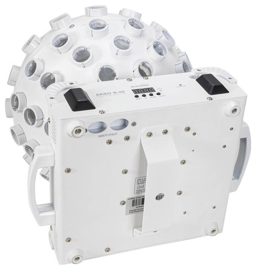 Fehér, gömb alakú LED-es szövetlámpa több lencsével és a tetejére szerelt digitális vezérlőpanellel, dinamikus világítási effektusok létrehozására tervezve.
