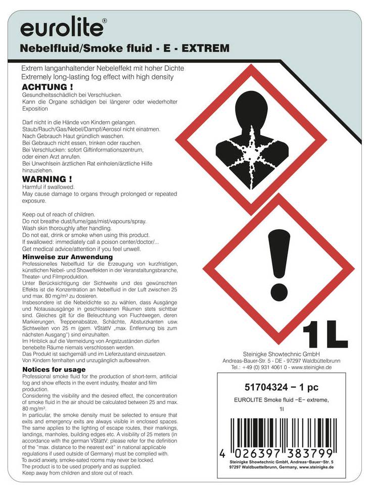 „Eurolite Füstfolyadék/Füstöl - E - EXTREM". A címke veszélyt jelző szimbólumokat tartalmaz német és angol nyelvű figyelmeztetésekkel. Tartalmazza a biztonsági utasításokat és a vonalkódot. Kapacitás: 1L.