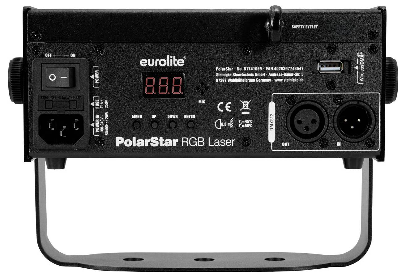 Eurolite PolarStar RGB lézer készülék digitális kijelzővel, vezérlőgombokkal, valamint hang- és tápellátási csatlakoztatás céljából számos be- és kimenettel.