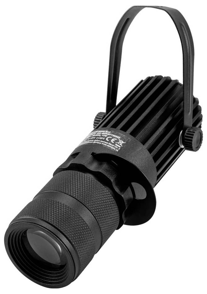 Fekete színpadi reflektorfény bordázott csővel és állítható fogantyúval a pozicionáláshoz. Színházak vagy színpadi világítási alkalmazásokhoz tervezték.