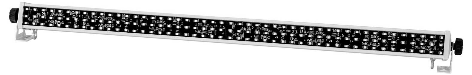 Egy hosszú, keskeny, téglalap alakú LED-es világítósáv, mindkét végén szerelőkonzolokkal, fekete háttéren fényes lámpák soraiból álló.
