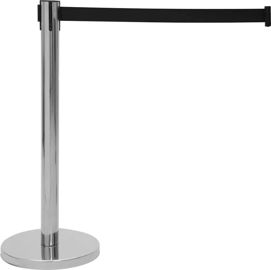 Egy fémből készült állvány csatlakoztatott fekete behúzható szalaggal a sor- vagy sorban álláskezeléshez.