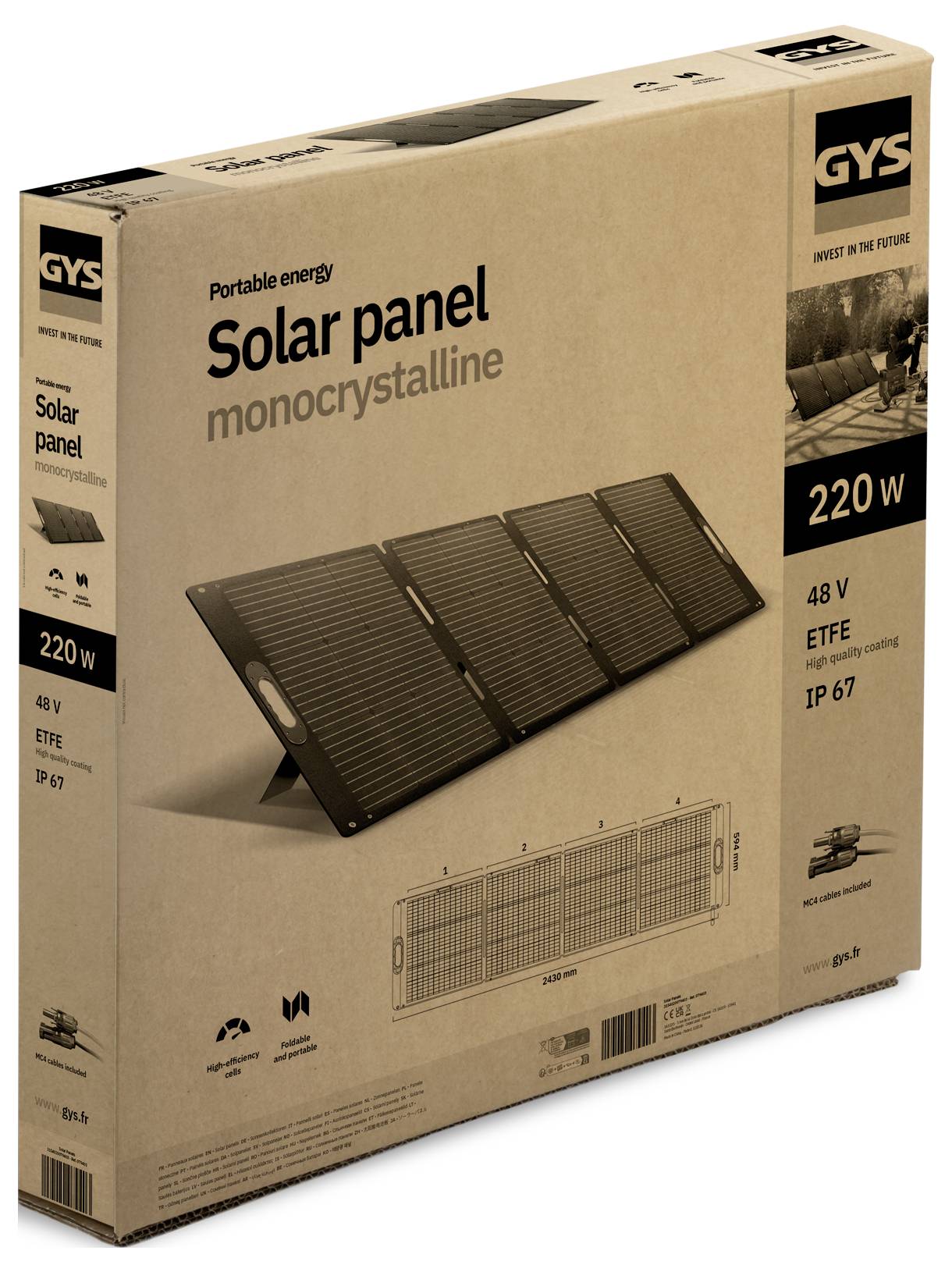 Egy kartondoboz napszemcse panelképpel és szöveggel: 'Hordozható energia, Napelem, monokristályos, 220 W, 48 V, ETFE, IP 67.'
