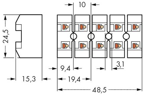Egy olyan technikai diagram, amely egy csatlakozó blokk méreteit ábrázolja: magasság 24,5 mm, mélység 15,3 mm, szélesség 48,5 mm, az érintkezők közötti részletes távolsággal.