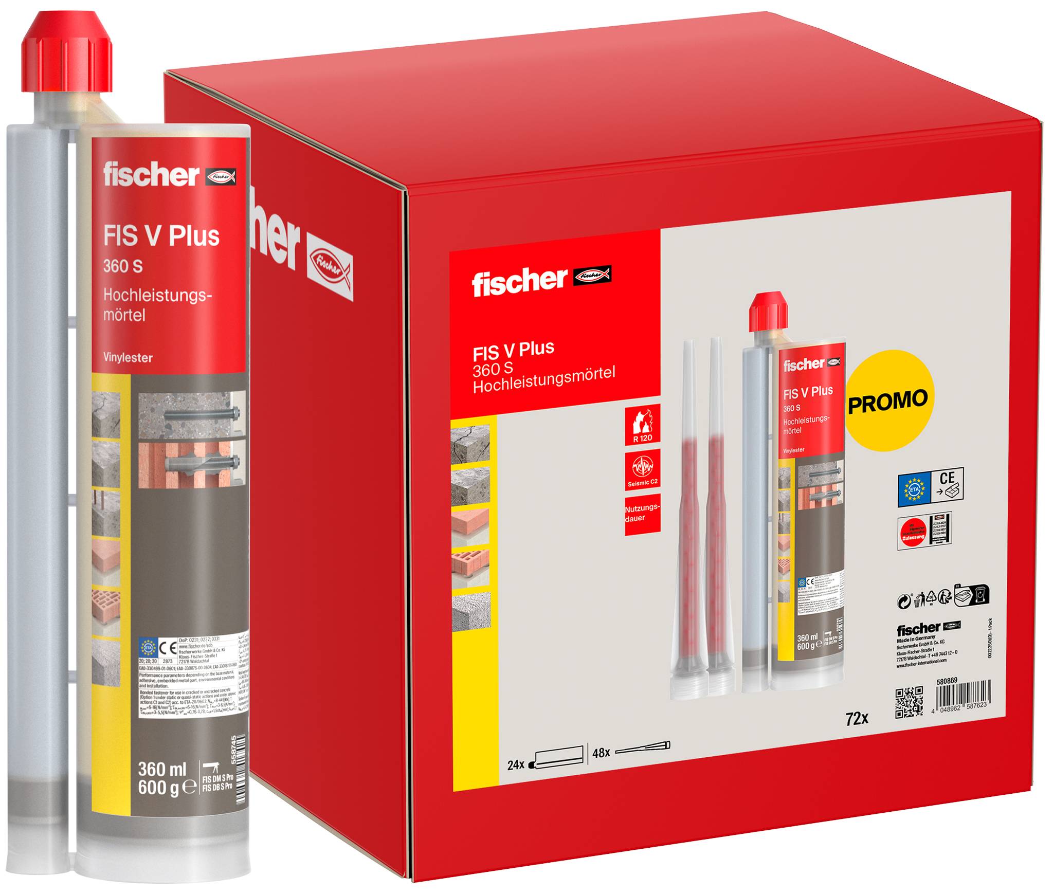 Red Fischer FIS V Plus 360S kémiai dübel csomag doboz patronnal, két keverő fúvókával és "PROMO" címkével.