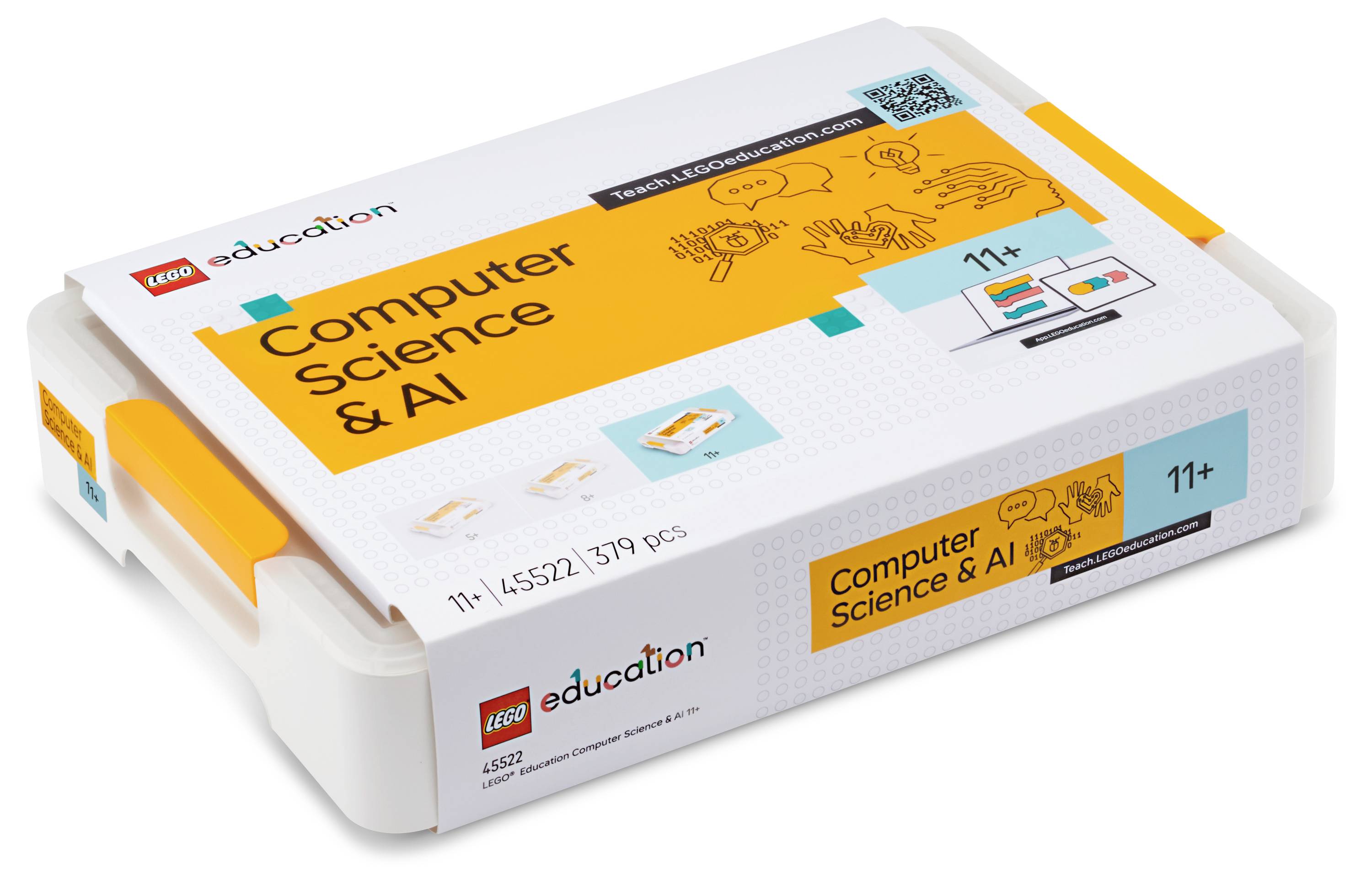 LEGO Education csomag doboz, amely "Számítástechnika és MI" felirattal van ellátva, 11 éves kor felett ajánlott, táblagép-interakcióval, oktatási illusztrációkkal és vonalkóddal.